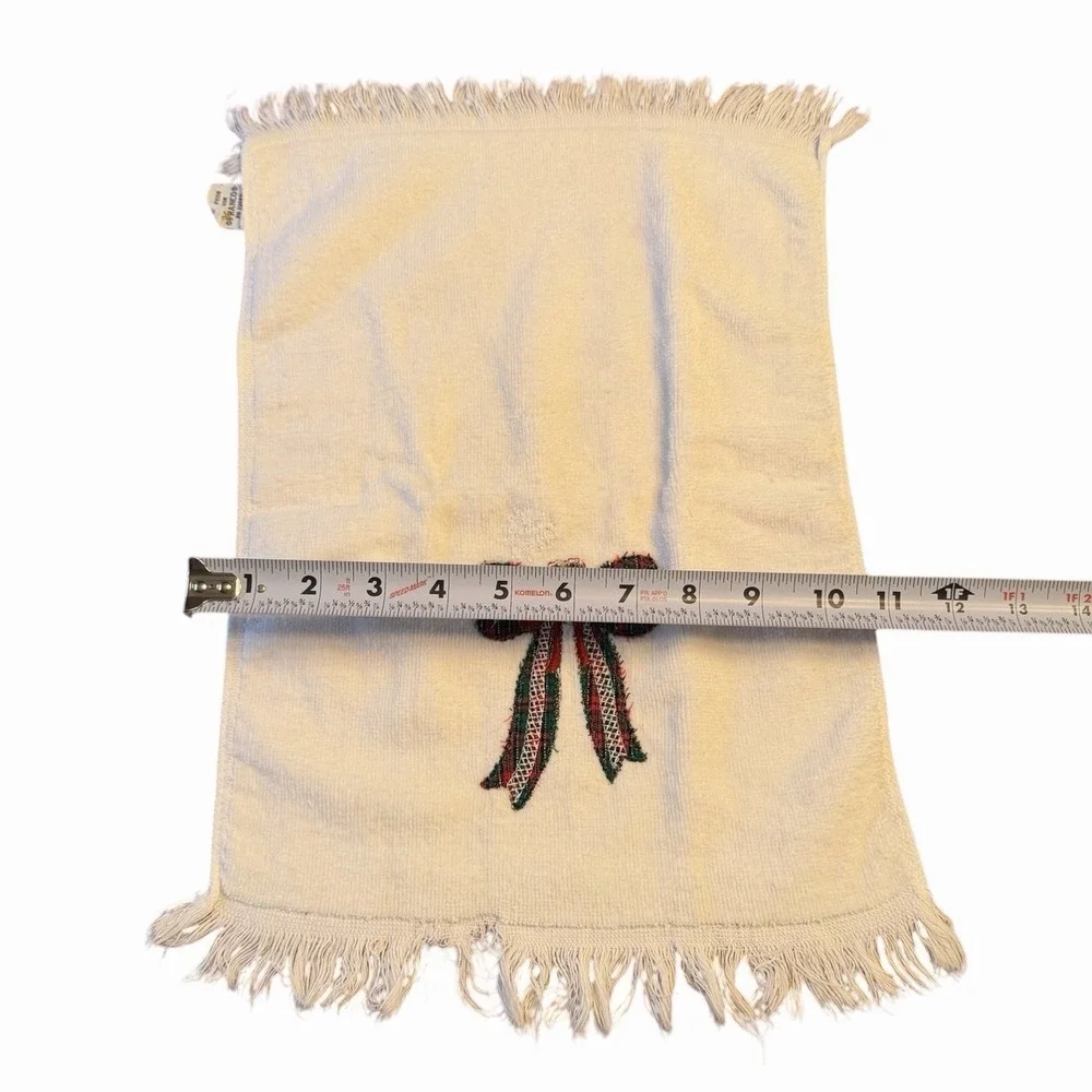 Vintage Franco Christmas Hand Towel White Terry Plaid Bow Fringe Bathroom Decor